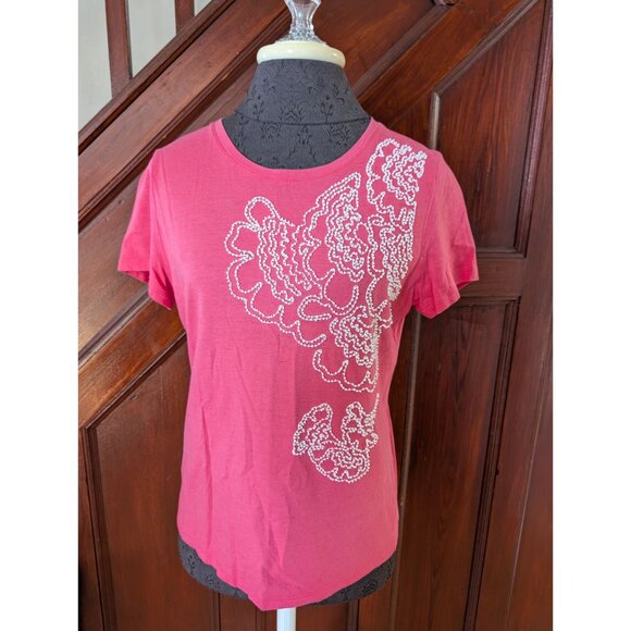 Talbots Pink Short-Sleeve Embellished T-Shirt White Beaded Floral Design M - Picture 1 of 4